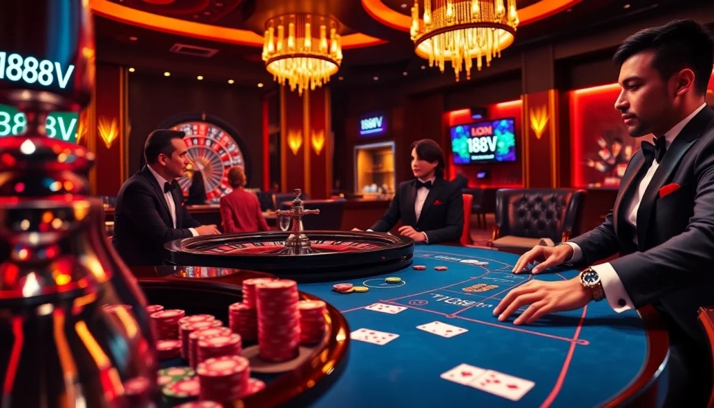 Players enjoying high-stakes poker at a glamorous casino table with 188V branding in vibrant colors, illustrating an exciting gaming atmosphere.