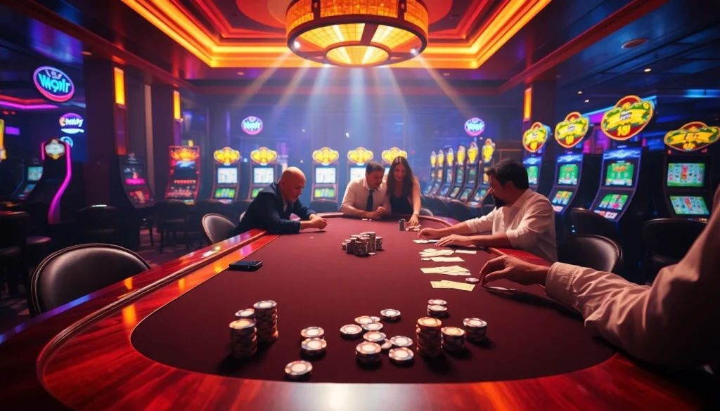 Experience the thrill of high-stakes poker at https://8xbetvn.it.com/, showcasing players in action with vibrant casino elements.