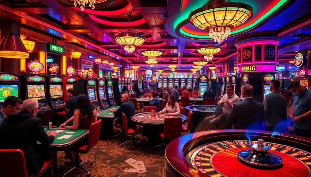 MB66 casino bustling with excitement as players are enjoying poker and slot machines.