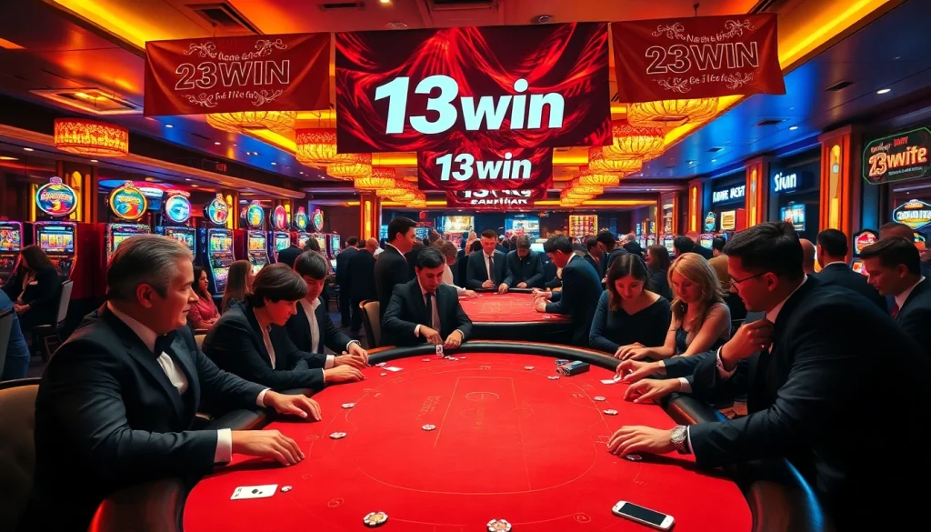 Gamblers enjoy an exhilarating game at a 13win casino table, surrounded by vibrant slot machines and dynamic lights.