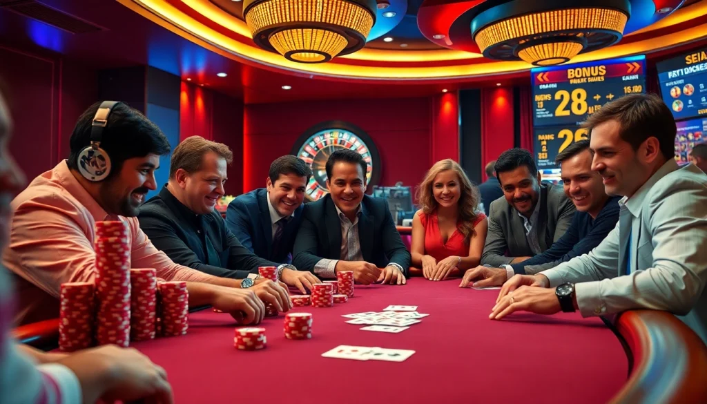 Players engaging in a thrilling poker game at a casino table with 'e28' poker chips, showcasing excitement and strategy.
