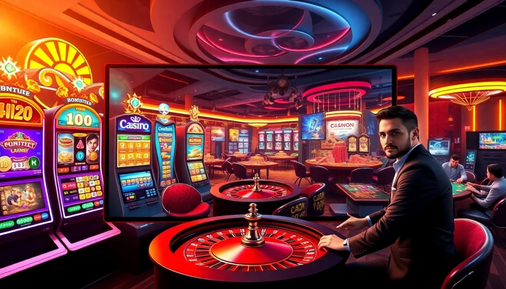 i1dompet online gambling scene displaying vibrant slot machines and poker tables, inviting players to enjoy thrilling games.