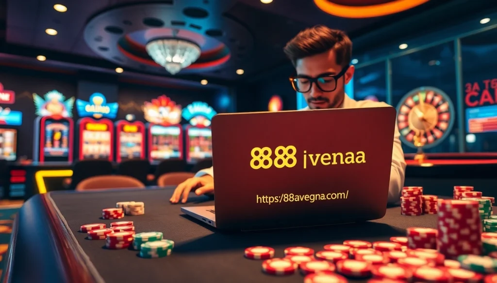 Gamer enjoying online casino at https://88aavega.com/ with poker chips and slot games.