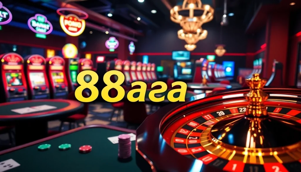 Experience the thrill of 88aa at a bustling casino with poker chips and roulette wheels.