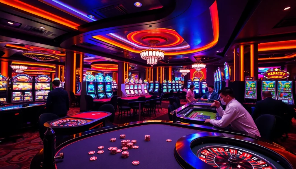 RR88 casino setting with players engaging at roulette and slot machines, showcasing the thrill of online gambling.