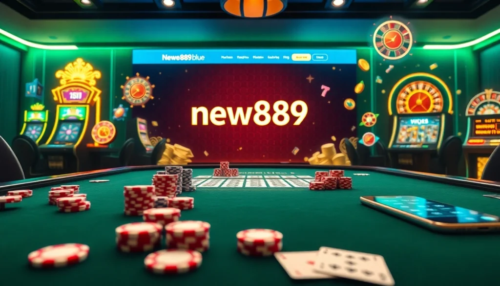Explore thrilling gaming experiences at https://new889.blue, featuring a high-stakes poker table with vibrant chips and cards.