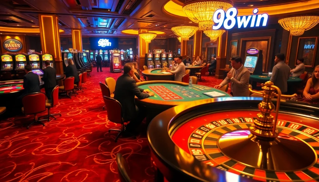 Exciting gaming scene at a casino where players celebrate a 98 win at the roulette table.