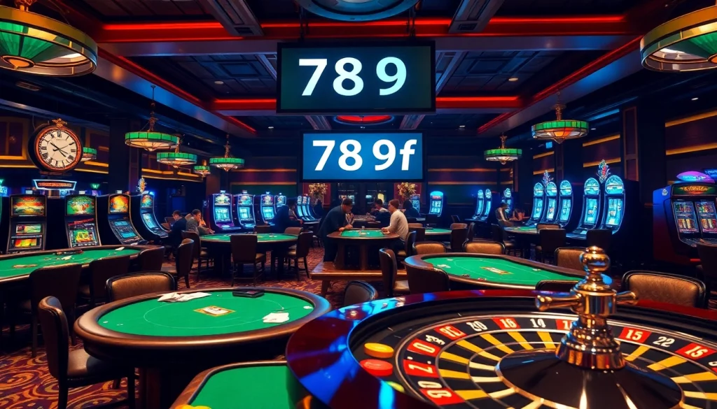 Experience the excitement at a casino with 789f games, featuring players at poker tables and slots, highlighting the vibrant atmosphere.
