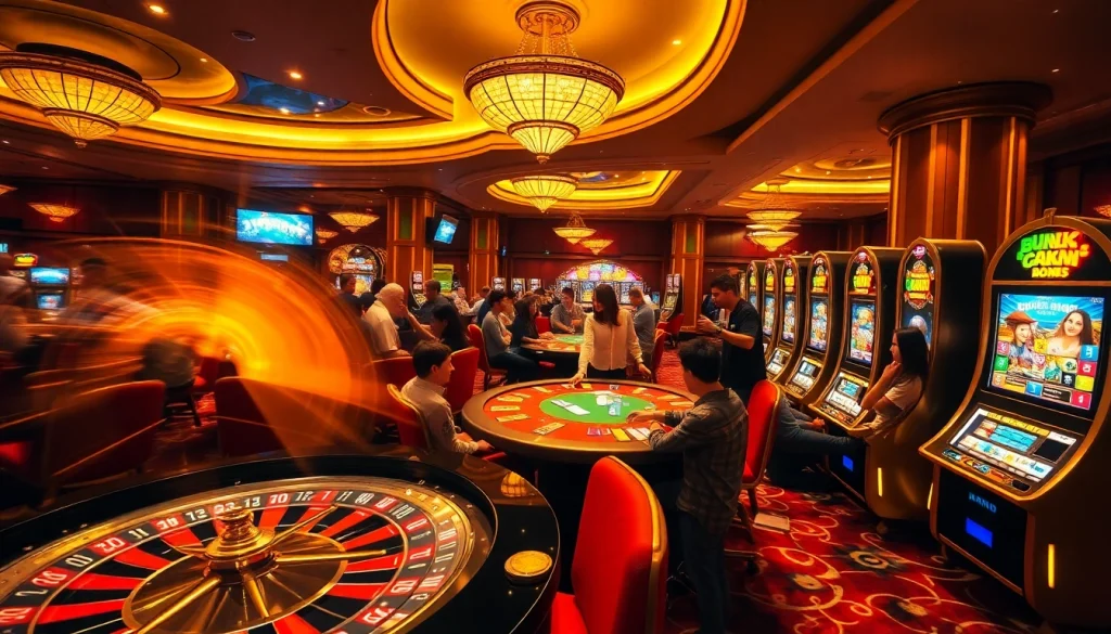 Players enjoying an exciting casino atmosphere at new88siam com with vibrant slot machines and poker tables.