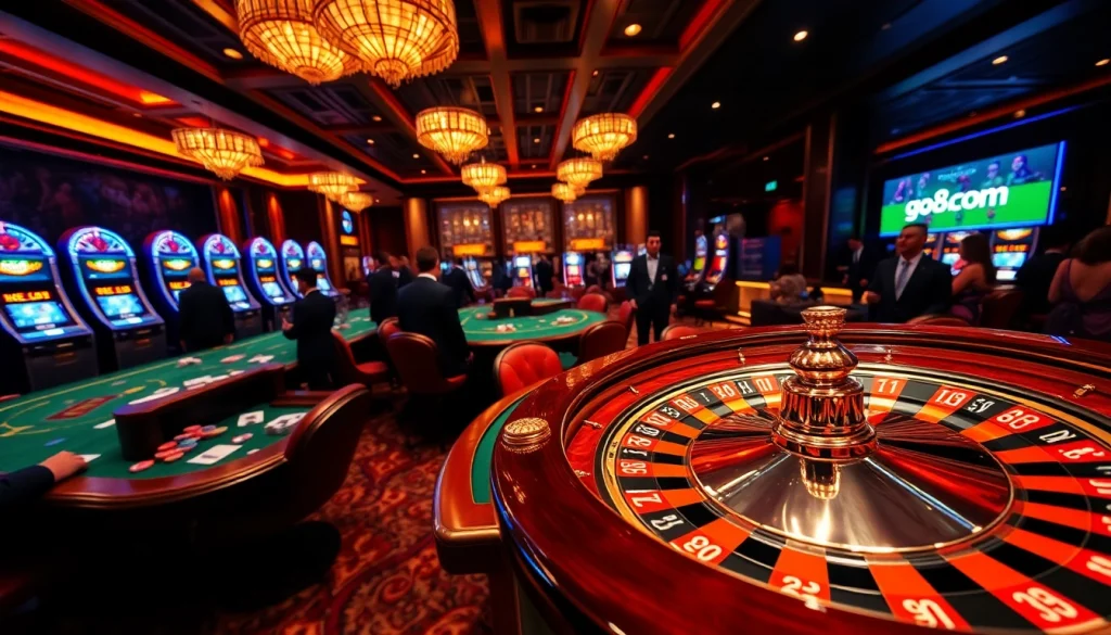 Experience the thrill of gambling as go8 com showcases luxurious casino interiors with roulette wheels and lively players.
