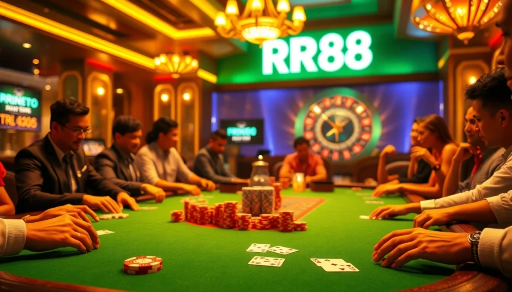 Experience a thrilling poker game atmosphere at RR88, featuring vibrant players, chips, and glowing roulette wheel.