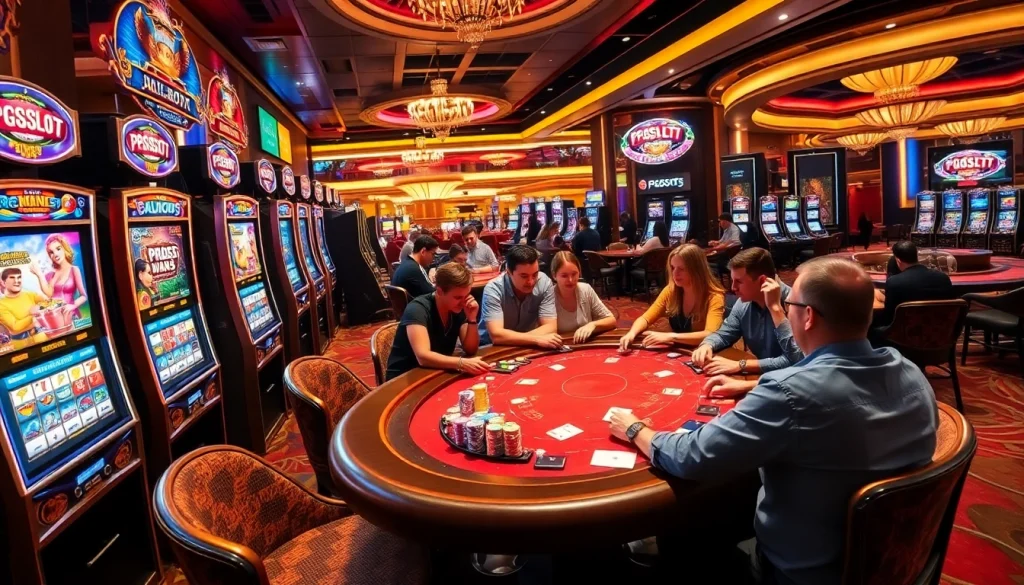 Experience the thrill of PGSLOT51 gaming with vibrant slot machines and exciting players winning at poker.